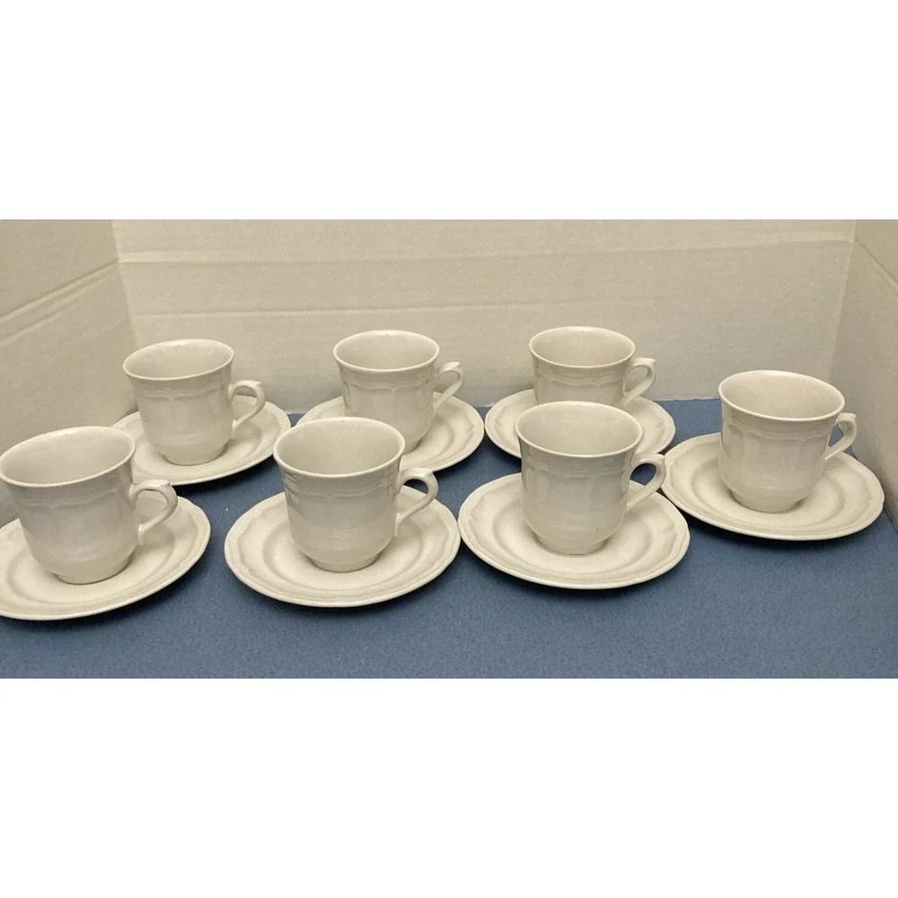 Stoneware Country White French Country Design Coffee Cup with Saucer - Set of‎ 7